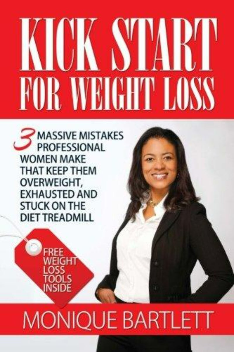 Laad afbeelding in Galerijviewer, Het boek &quot;Kick Start For Weight Loss&quot; van Monique Bartlett toont een vrouw in een zwarte blazer en wit shirt op de cover. Het onderzoekt veelvoorkomende fouten die professionele vrouwen maken bij het afvallen en biedt gratis hulpmiddelen om buikvet te verliezen.
