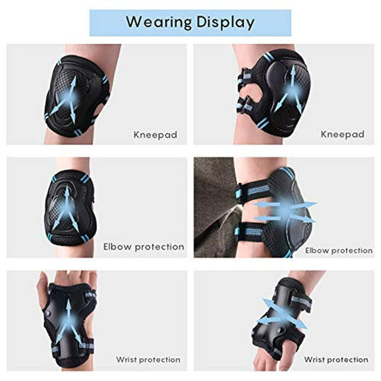 Diagrammen laten zien hoe u kniebeschermers, elleboogbeschermers en polsbeschermers draagt, met blauwe pijlen voor de bevestigingsrichtingen. Perfect voor het "Bescherm je kind tijdens het sporten met deze complete set skeeler bescherming", zodat je kind veilig kan skaten.