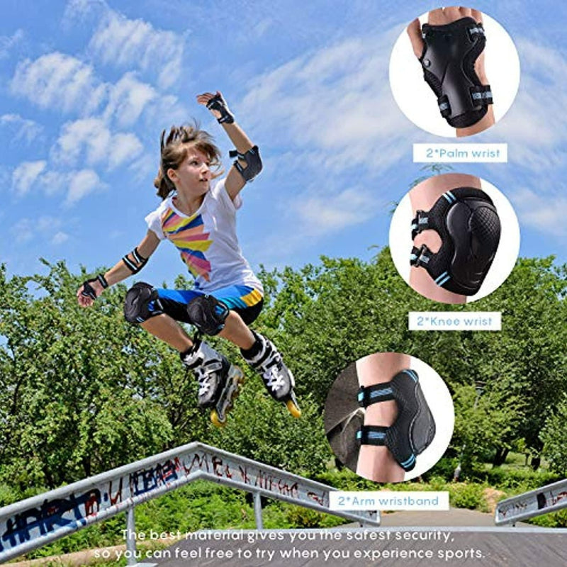 Laad afbeelding in Galerijviewer, Een persoon rolschaatst door het park en springt vakkundig over een leuning. Uitgerust met &quot;Bescherm je kind tijdens het sporten met deze complete set skeeler bescherming,&quot; tonen ronde inzetstukken close-ups van polsbeschermers, kniebeschermers en elleboogbeschermers terwijl bomen en lucht de serene achtergrond vormen.
