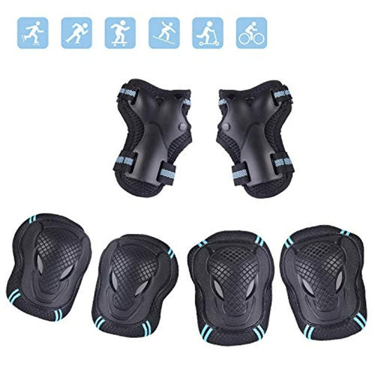 Het "Bescherm je kind tijdens het sporten met deze complete set skeeler bescherming" omvat zesdelige zwarte beschermingsmiddelen voor het skaten of fietsen, zoals polsbeschermers, elleboog- en kniebeschermers, ideaal als kinderbeschermers. Activiteitspictogrammen hierboven weergegeven.