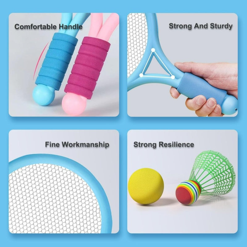 Laad afbeelding in Galerijviewer, Close-up van kleurrijke badmintonrackets en shuttle toont de kenmerken van Kinderen, kom en speel badminton!, waaronder een comfortabel handvat, stevige constructie, vakmanschap en veerkracht. Bij deze lichtgewicht set staat veiligheid en duurzaamheid voor kinderen voorop.
