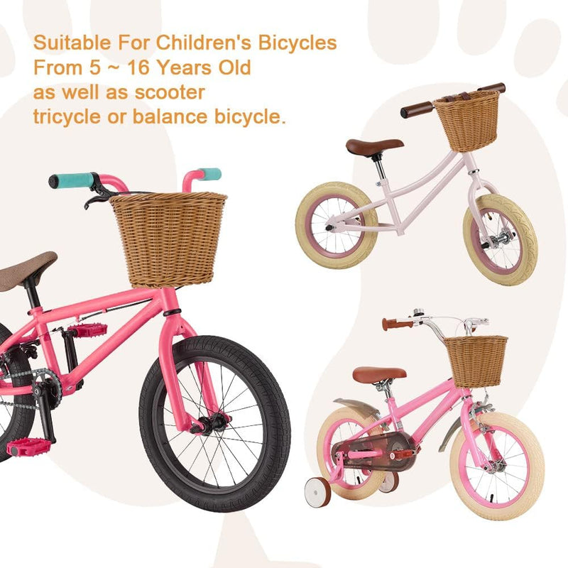 Laad afbeelding in Galerijviewer, Tegen een witte achtergrond staan drie roze fietsen met kinderfietsmand rieten manden. De tekst luidt: &#39;Kinderfietsmand: de perfecte manier om je soort te laten genieten van de fiets&#39;, geschikt voor kinderfietsen van 5 tot 16 jaar, inclusief scooters, driewielers of loopfietsen.
