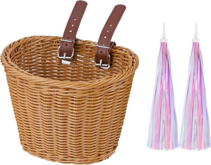Laad afbeelding in Galerijviewer, De Kinderfietsmand is een handgeweven fietsmand met leren riempjes en twee kleurrijke kwastjes, ontworpen voor op het stuur. Het is een ideale manier om plezier toe te voegen aan de rit van elk kind.
