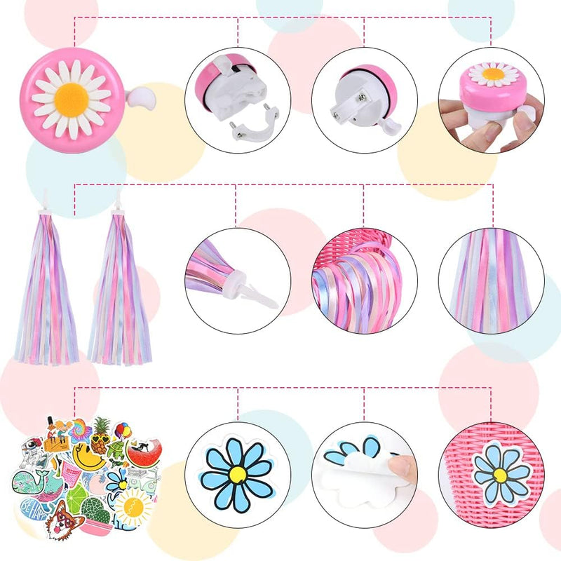 Laad afbeelding in Galerijviewer, Geïllustreerde gids met een madeliefvormige fietsbel, kleurrijke stuurlinten en bloemvormige spaakversieringen. Bevat ook levendige stickers en raadt aan om te combineren met de Kinderfietsmand voor een ideale DIY-accessoiretouch.
