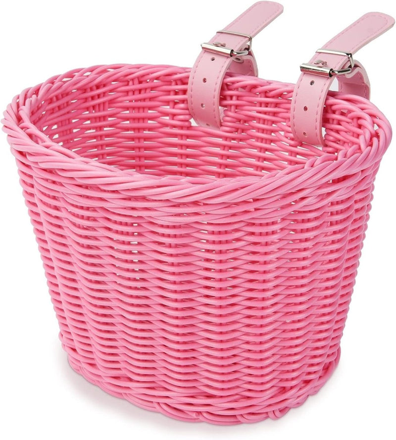 Laad afbeelding in Galerijviewer, Een roze &quot;Kinderfietsmand: de perfecte manier om je soort te laten genieten van de fiets&quot; met twee leren banden voor montage op de fiets.
