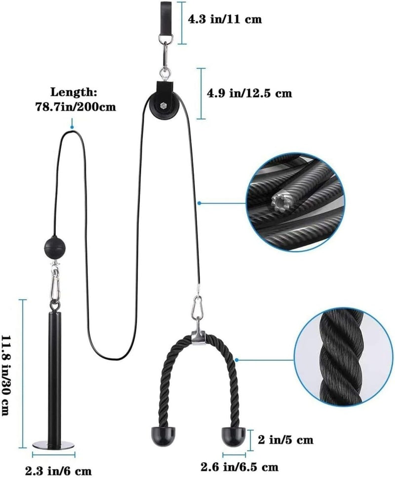 Laad afbeelding in Galerijviewer, De zwarte tricepskabelbevestiging is onderdeel van &quot;Krachtig en soepel trainen met het kabelkatrolsysteem!&quot; De lengte is 200 cm, de handgreep is 30 cm en de diameter is 5 cm. Perfect voor thuistrainingen, met gedetailleerde afmetingen voor de katrol en de basis.
