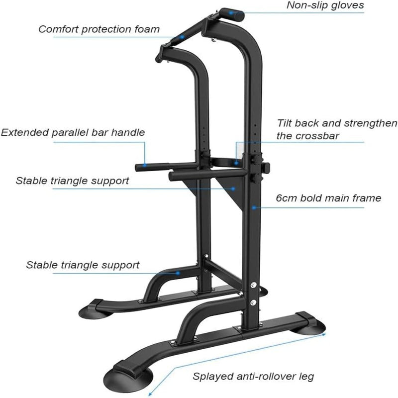 Laad afbeelding in Galerijviewer, De Krachttoren voor thuis biedt verstelbare pull-up- en dipmogelijkheden met antislipgrepen, comfortschuim, stabiele driehoekige ondersteuning en anti-rolloverpoten: perfect voor krachttraining en calisthenics voor elk fitnessniveau.
