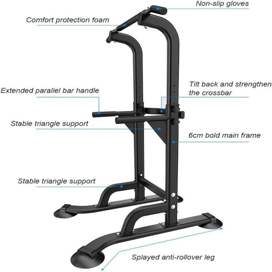 De Krachttoren voor thuis biedt verstelbare pull-up- en dipmogelijkheden met antislipgrepen, comfortschuim, stabiele driehoekige ondersteuning en anti-rolloverpoten: perfect voor krachttraining en calisthenics voor elk fitnessniveau.