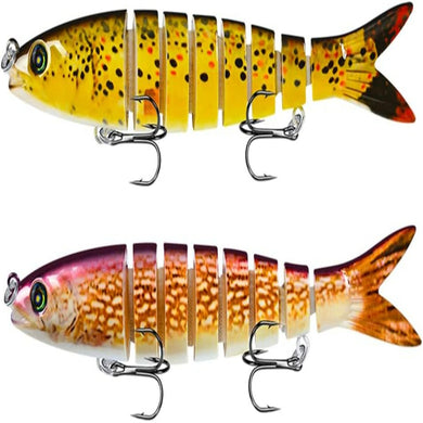 Twee gesegmenteerde kunstaas met scherpe dreggen: een gele en een bruine. Ideale kunstaas voor het lokken van dakvissen in elk water. Product: 