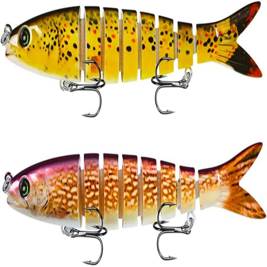 Twee gesegmenteerde kunstaas met scherpe dreggen: een gele en een bruine. Ideale kunstaas voor het lokken van dakvissen in elk water. Product: 