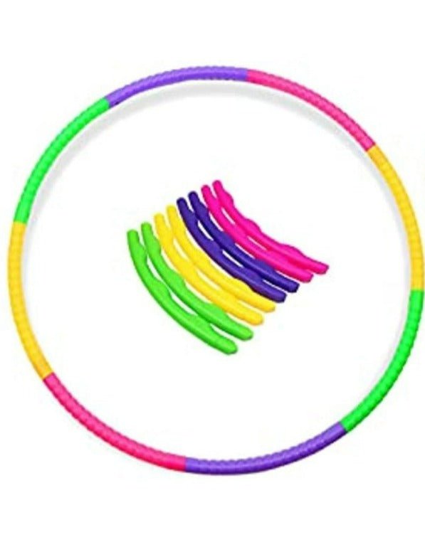 Laad afbeelding in Galerijviewer, Onze milieuvriendelijke, verstelbare hoelahoep heeft een kleurrijke design met segmenten in paars, groen, roze en geel. Ideaal voor kinderen die plezier en beweging zoeken.
