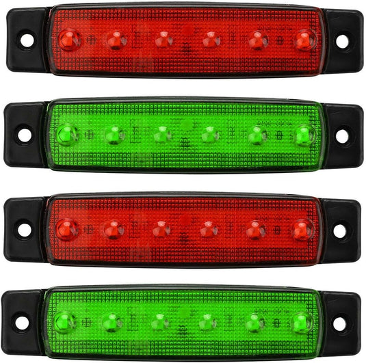 Vier LED-bootverlichtingslampen – twee rode, twee groene – worden geleverd met zwarte beugels. Het energiebesparende ontwerp zorgt voor efficiëntie en vergroot de veiligheid op het water. Product: LED-bootverlichting: zorg voor veiligheid op het water.