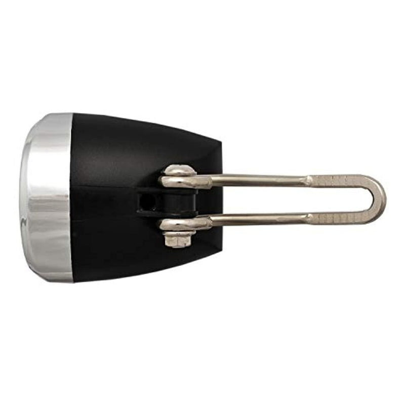 Laad afbeelding in Galerijviewer, Zijaanzicht van een zwart-zilveren fietsbel met metalen montagebeugel, perfect naast de Heldere fietslamp met StVZO goedkeuring: veilig en beveiligd.
