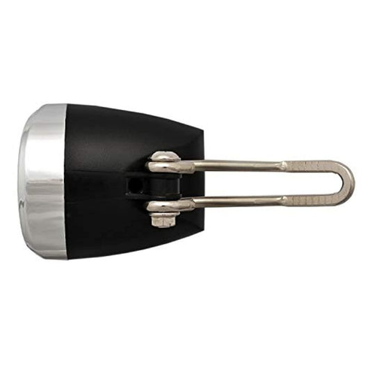 Zijaanzicht van een zwart-zilveren fietsbel met metalen montagebeugel, perfect naast de Heldere fietslamp met StVZO goedkeuring: veilig en beveiligd.