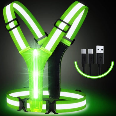 LED-reflecterend hardloopvest: Met krachtige LED-verlichting, 360 graden reflectie, verstelbare riemen en USB-oplaadkabel, tegen een donkere achtergrond.