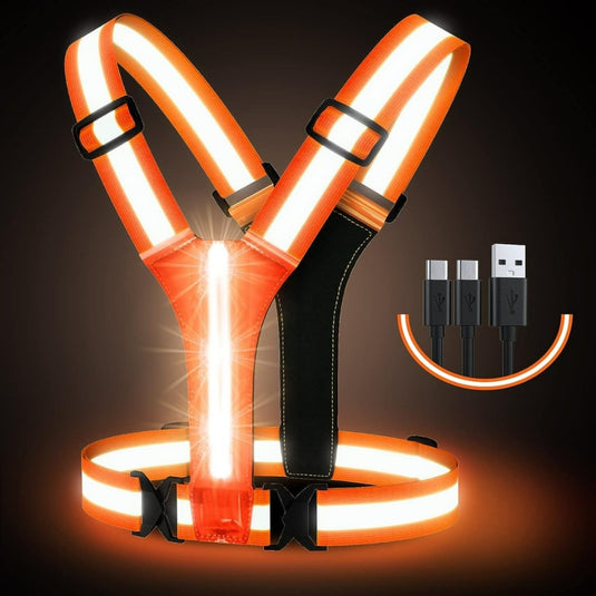 Het LED-reflecterend hardloopvest zorgt voor zichtbaarheid en veiligheid met krachtige LED-verlichting, USB-opladen en verstelbare bandjes. Geniet van 360 graden reflectie tegen een donkere achtergrond voor ultieme zichtbaarheid.