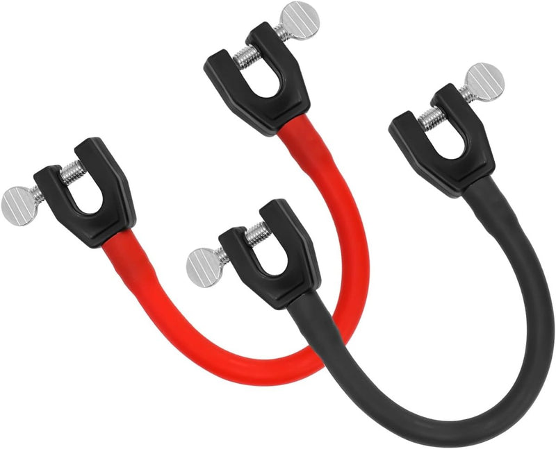 Laad afbeelding in Galerijviewer, Op de afbeelding zijn twee U-vormige batterijklemconnectoren met bouten te zien, die lijken op de &quot;Leer je kinderen skiën met deze skitipconnector&quot;, één met een rode afdekking en de andere met een zwarte afdekking.
