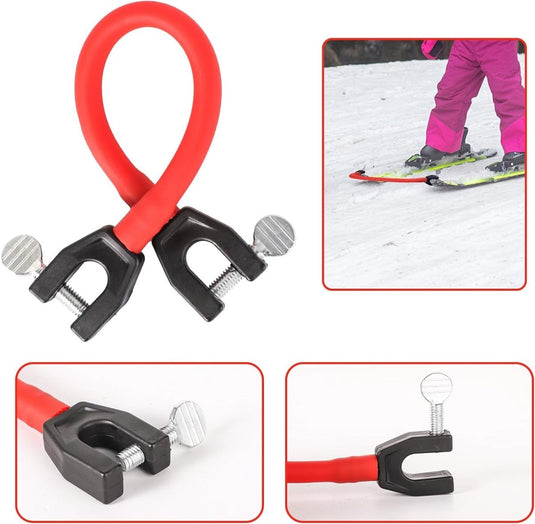 De "Leer je kinderen skiën met deze skitipconnector" is een rode skitrainingsklem voor kinderen met verstelbare schroeven. Het helpt de skipositie te behouden, perfect voor kinderen die leren skiën, en bevat inzetstukken met gebruiksdemonstraties en close-ups op besneeuwde achtergronden.