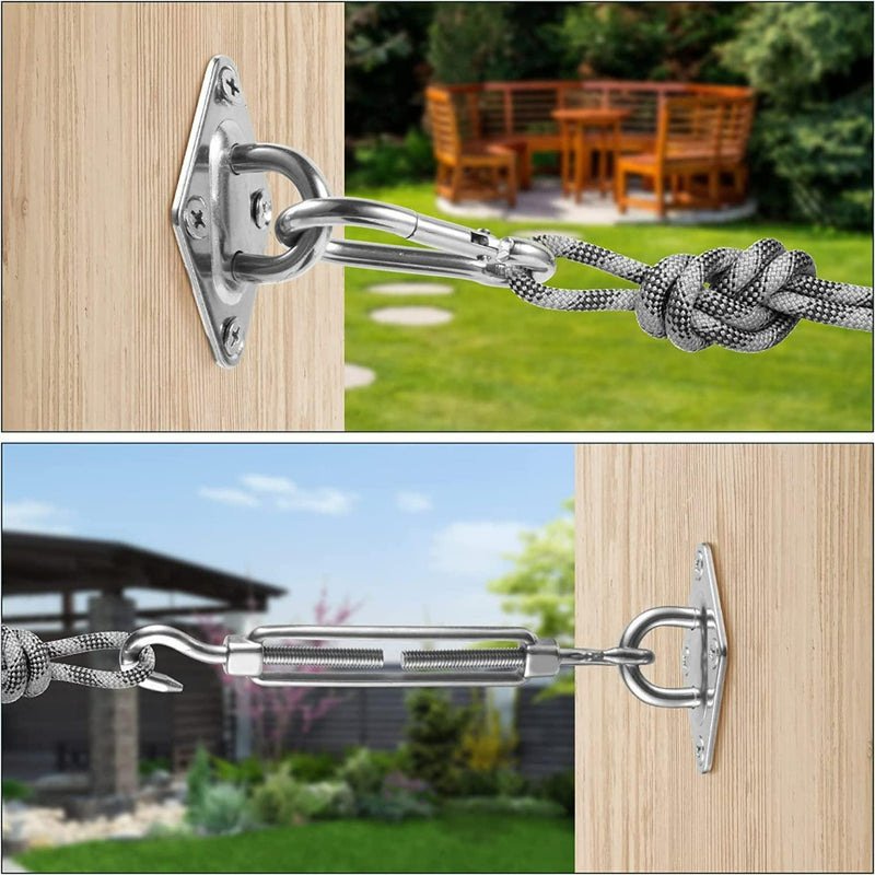 Laad afbeelding in Galerijviewer, Close-up van een touw vastgebonden aan roestvrijstalen beslag op hout, met tuinmeubelen op de achtergrond, en nog een weergave van &quot;Verleiding in de schaduw: De ultieme luifelbevestigingset voor een zorgeloze zomer&quot; spanner die het touw vasthoudt.
