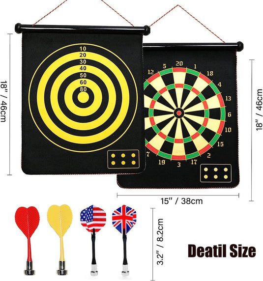 Het Dubbelzijdige magnetische dartbord heeft aan de ene kant een geel doelwit en aan de andere kant een klassiek ontwerp, samen met vier magnetische darts. Met een afmeting van 18" x 15" zorgt het voor veilig en spannend spelplezier voor jong en oud!.