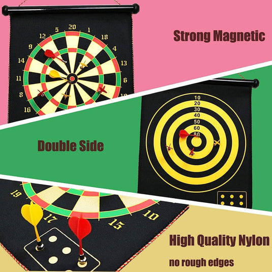 Afbeelding van een Dubbelzijdig magnetisch dartbord, met een klassiek ontwerp en een doelwit. De tekst benadrukt sterke magnetische darts en hoogwaardige nylonconstructie, waardoor het veilig is voor kinderen.