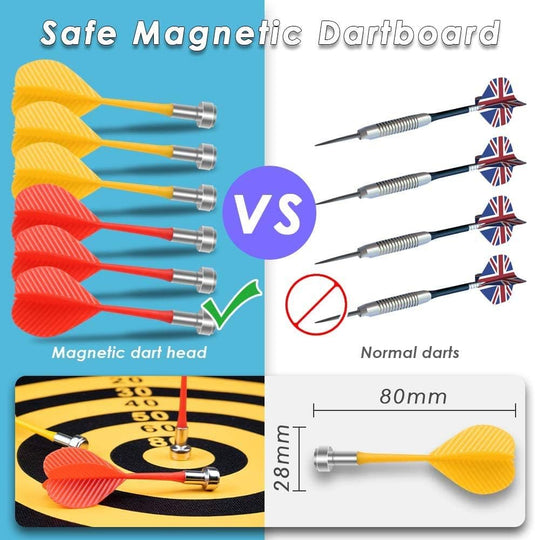 Ontdek de spanning van het Dubbelzijdige magnetic dartbord met gele flight magnetic darts en veilige koppen, perfect voor kinderen. Een afbeelding benadrukt deze kindvriendelijke alternatieven voor darts met scherpe punten, en biedt een veilige en spannende speelervaring voor alle leeftijden!.