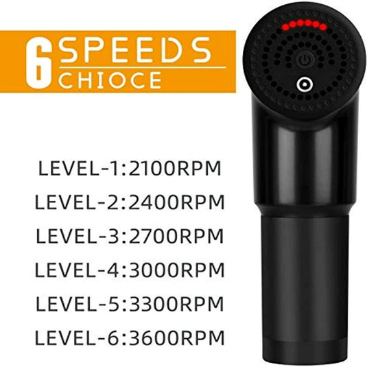 Het Massagepistool: Ontspan spieren, verlicht stress en geniet van diepe ontspanning! in zwart zorgt voor ultieme ontspanning met zes snelheden (2100-3600 RPM), perfect voor het verzachten van spierpijn en het verlichten van spanning.