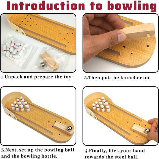 Volg deze vier stappen voor onze mini houten bowlingset: uitpakken, launcher bevestigen, pins en bal opzetten en flicken om te spelen. Ervaar een authentieke bowlingervaring terwijl het ook dienstdoet als stijlvolle tafeldecoratie. Geniet van de sensatie van bowlen aan je eigen tafel met ons product!.