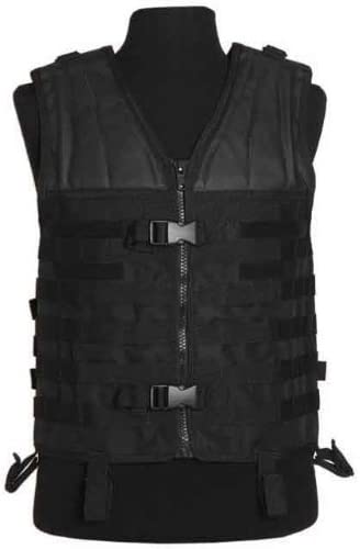Het "Domineer het terrein met ons zwarte MOLLE tactisch vest" wordt getoond op een mannequin, voorzien van ritssluiting en gespsluitingen, met tactische functionaliteit die meerdere bevestigingsriemen biedt en georganiseerde opbergruimte in een eenvoudig, robuust ontwerp.