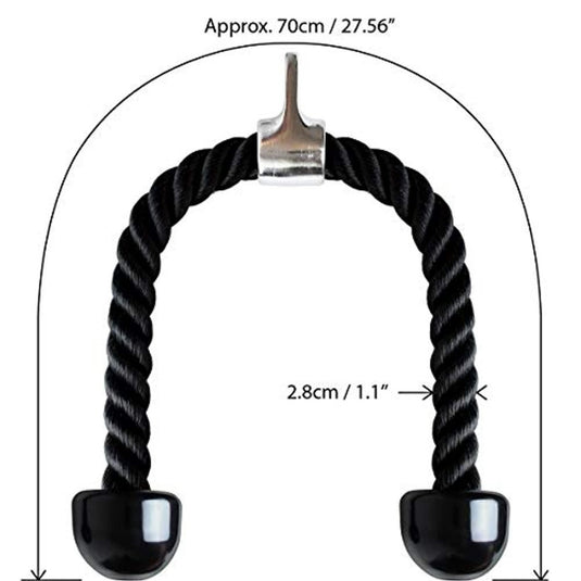 Het "Transformeer je lichaam met ons krachtig nylon tricepstouw voor indrukwekkende spiergroei!" is een kabelmachine accessoire met een robuust metalen opzetstuk, ongeveer 70 cm lang en 2,8 cm in diameter.