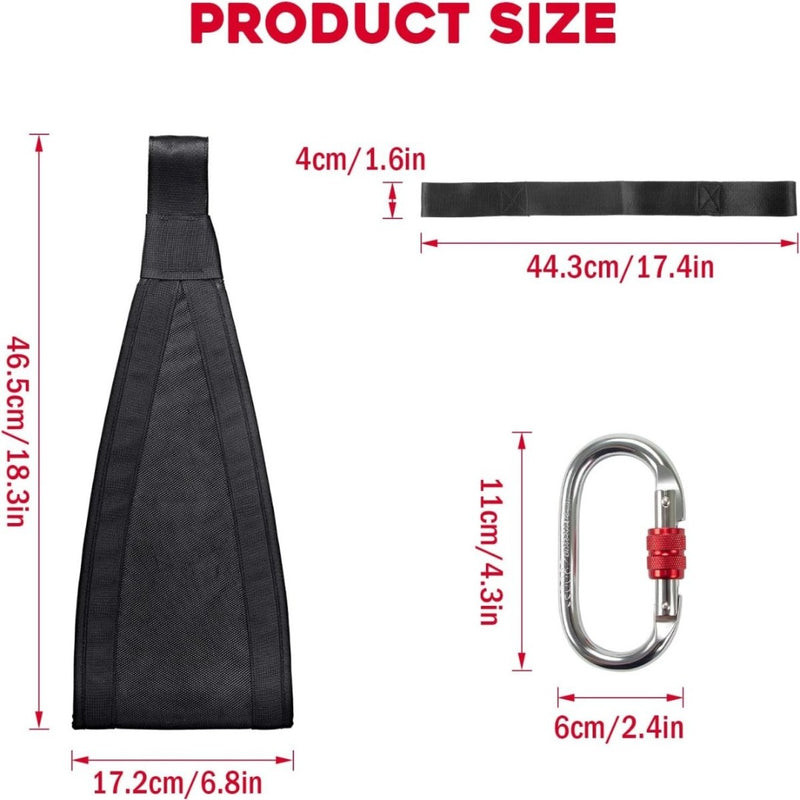Laad afbeelding in Galerijviewer, Afbeelding met componenten: een zwarte riem (46,5 cm x 17,2 cm), kleinere riem (44,3 cm) en metalen karabijnhaak (11 cm x 6 cm) - perfect voor het gebruik van Ontdek de kracht van de buikspierlussen en krijg de buik van je dromen! tijdens intensieve sixpack-trainingen.
