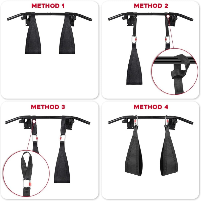 Laad afbeelding in Galerijviewer, Het product, &quot;Ontdek de kracht van de buikspierlussen en krijg de buik van je dromen!&quot;, toont vier methoden voor het bevestigen van fitnessriemen aan een optrekstang, gelabeld Methode 1 tot en met Methode 4, met gedetailleerde close-ups van bevestigingspunten om je techniek te perfectioneren en vol vertrouwen een sixpack te krijgen.
