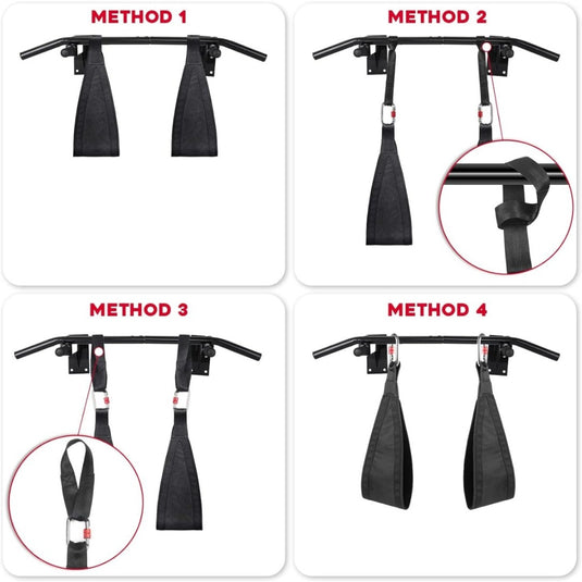 Het product, "Ontdek de kracht van de buikspierlussen en krijg de buik van je dromen!", toont vier methoden voor het bevestigen van fitnessriemen aan een optrekstang, gelabeld Methode 1 tot en met Methode 4, met gedetailleerde close-ups van bevestigingspunten om je techniek te perfectioneren en vol vertrouwen een sixpack te krijgen.