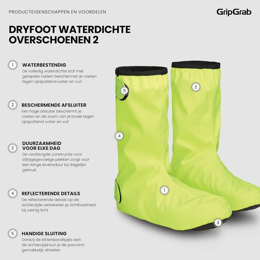 De "Regenoverschoenen voor fietsers: blijf droog en stijlvol" zijn felgroene overschoenen met waterbestendigheid, duurzame bescherming en een beschermende afdichting. Ze zijn voorzien van reflecterende details en klittenbandsluiting voor de veiligheid, met het merk GripGrab in de rechterbovenhoek.