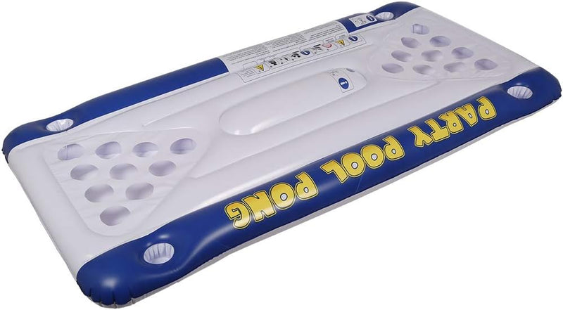 Laad afbeelding in Galerijviewer, Het opblaasbare beerpong luchtbed is perfect voor een zwembadfeestje, voorzien van &quot;Party Pool Pong&quot; tekst en bekerhouders.
