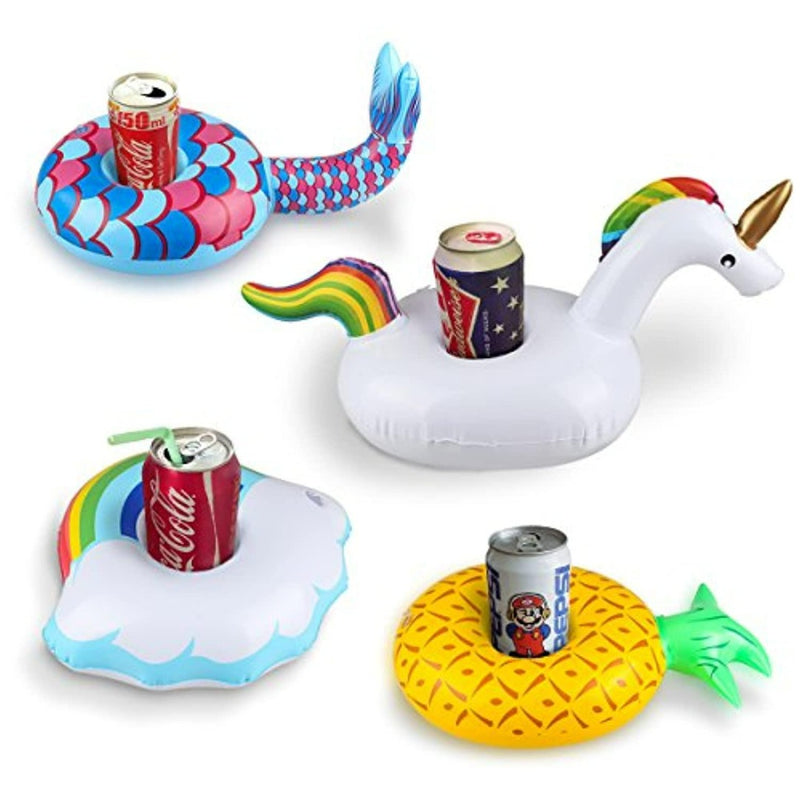 Laad afbeelding in Galerijviewer, Opblaasbare bekerhouders in leuke vormen zoals een zeemeerminnenstaart, eenhoorn, wolk met regenboog, en ananas, ideaal om je drankje te koelen en je feestje leuker te maken.

