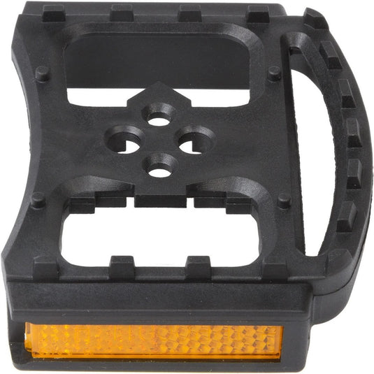 SPD pedalen in het zwart met een oranje reflector bieden een gestructureerde grip en meerdere gaten, ideaal voor betrouwbare prestaties. Perfect voor fietsers, ze zijn compatibel met Shimano Pedaling Dynamics voor een veilige rit.