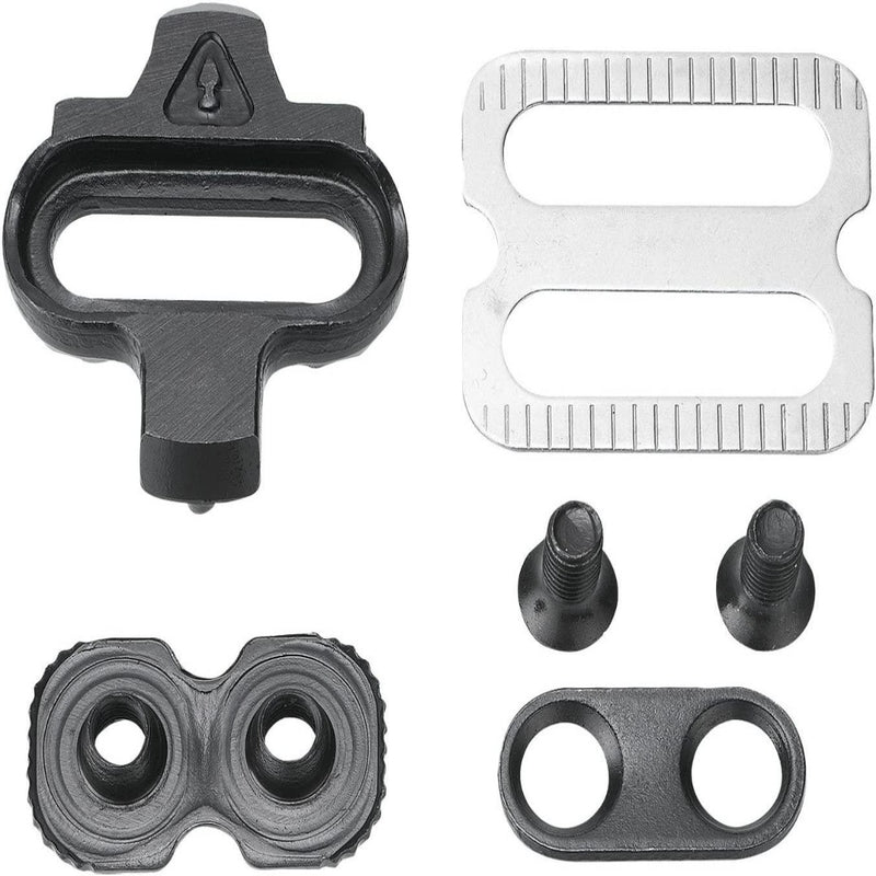 Laad afbeelding in Galerijviewer, De SPD pedalen kit bevat een zwarte schoenplaat, twee bouten, een metalen achterplaat en een ovale afstandhouder op wit. Perfect afgestemd op Shimano Pedaling Dynamics, ideaal voor fietsers die op zoek zijn naar betrouwbaarheid. Productnaam: &quot;SPD pedalen: de veelzijdige en veilige optie voor elke fietser.
