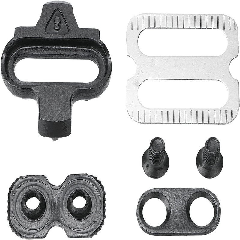 Laad afbeelding in Galerijviewer, De SPD pedalenset bestaat uit metalen en plastic onderdelen: twee bouten, twee platen en één schoenplaatje. Perfect voor SPD-enthousiastelingen, alle onderdelen zijn elegant gerangschikt op een witte achtergrond, ideaal voor toegewijde fietsers die op zoek zijn naar betrouwbaarheid.

