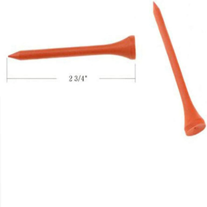 Laad afbeelding in Galerijviewer, Twee oranje professionele houten golftees, één plat en één rechtopstaand, elk 2¾ inch lang, ontworpen voor duurzaamheid en precisie op de baan.
