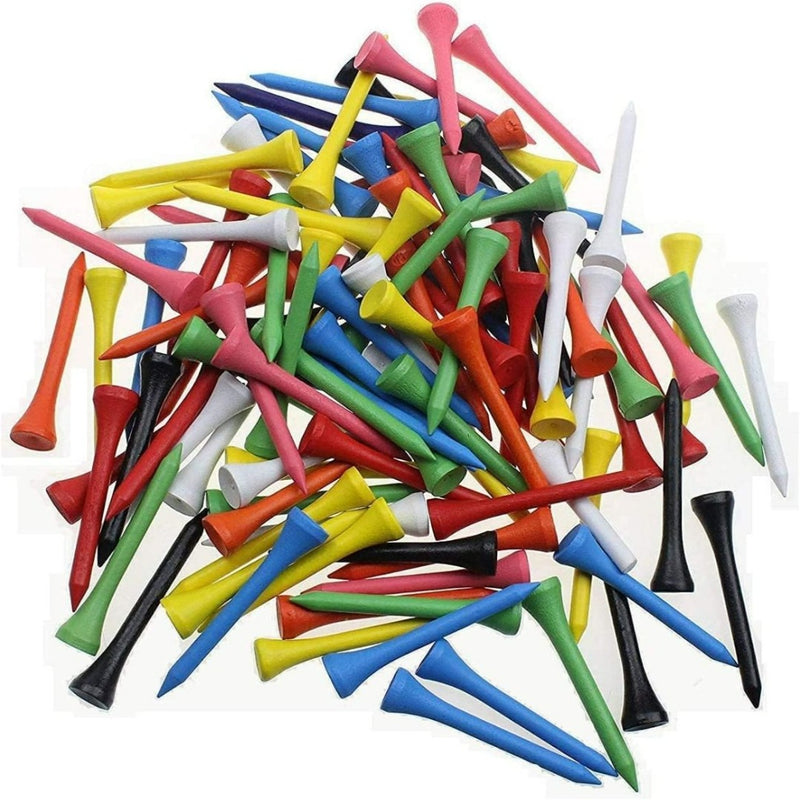 Laad afbeelding in Galerijviewer, Een stapel Professionele houten golftees in veelkleurige tinten, waaronder rood, blauw, groen, geel, zwart, roze en wit, willekeurig verspreid. Deze tees zorgen voor precisie en duurzaamheid bij elke game.
