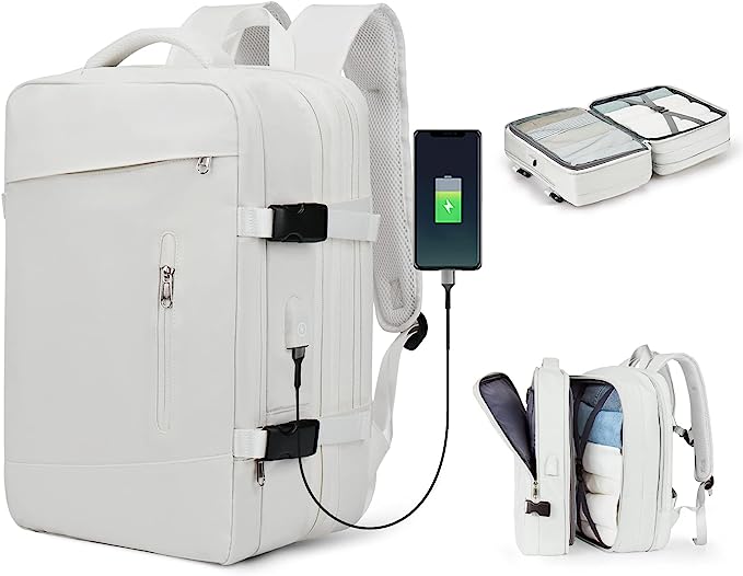 Laad afbeelding in Galerijviewer, De ultieme reisrugzak voor elk avontuur is een witte rugzak gemaakt van duurzaam polyester, met meerdere compartimenten, USB-oplaadpoort en interne inpakhulpen voor een moeiteloze organisatie.
