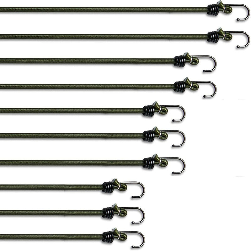 Laad afbeelding in Galerijviewer, Negen groene bungee-koorden met metalen haken aan beide uiteinden zijn diagonaal gerangschikt op een witte achtergrond. Deze &quot;Robuuste spanrubbers met haken voor al je avonturen&quot; bieden verstelbare spanning voor veelzijdig gebruik.
