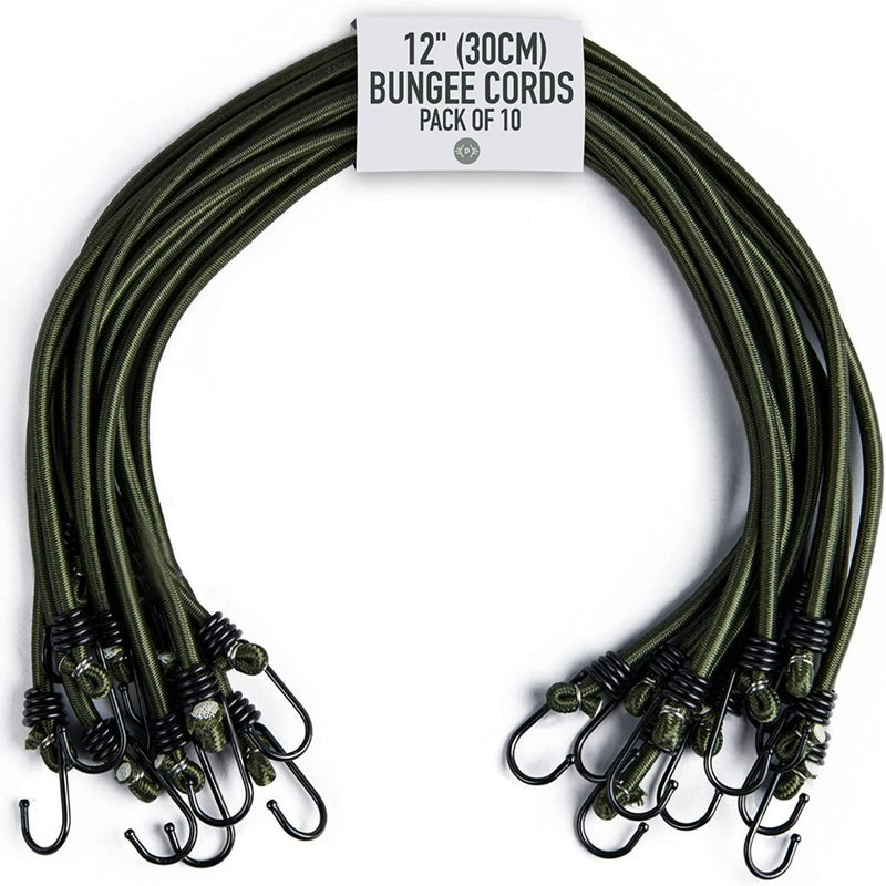 Laad afbeelding in Galerijviewer, Set van 10 robuuste groene spanrubbers van 30 cm met metalen haken, bekend als &quot;Robuuste spanrubbers met haken voor al je avonturen.
