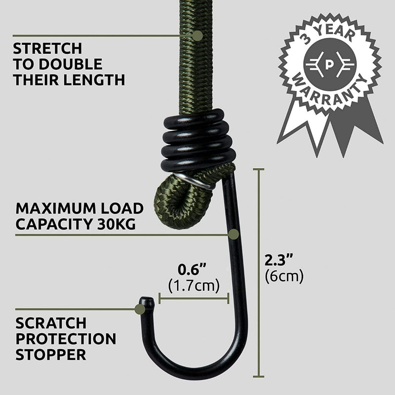 Laad afbeelding in Galerijviewer, De Robuuste spanrubbers met haken voor uw avonturen hebben een groen elastisch koord met robuuste, verstelbare rek om de lengte te verdubbelen, en kunnen tot 30 kg dragen. De metalen haak meet 0,6&quot;x2,3&quot; en bevat een krasbeschermingsstopper, ondersteund door een 3-jarige garantiebadge voor gemoedsrust.
