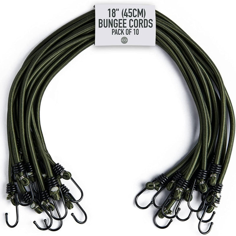 Laad afbeelding in Galerijviewer, Pak van tien groene &#39;Robuuste spanrubbers met haken voor al je avonturen&#39; van 45 cm, met metalen haken, opgerold.
