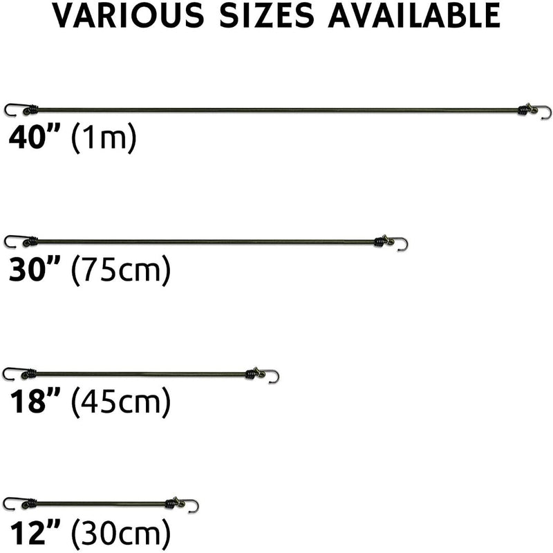 Laad afbeelding in Galerijviewer, Vier Robuuste spanrubbers met haken in de lengtes 40&quot;, 30&quot;, 18&quot; en 12&quot; worden getoond op een witte achtergrond, met de tekst &quot;Diverse maten beschikbaar&quot;. Deze duurzame koorden zijn perfect voor alle bevestigingsbehoeften en zorgen voor veilig en veelzijdig gebruik.
