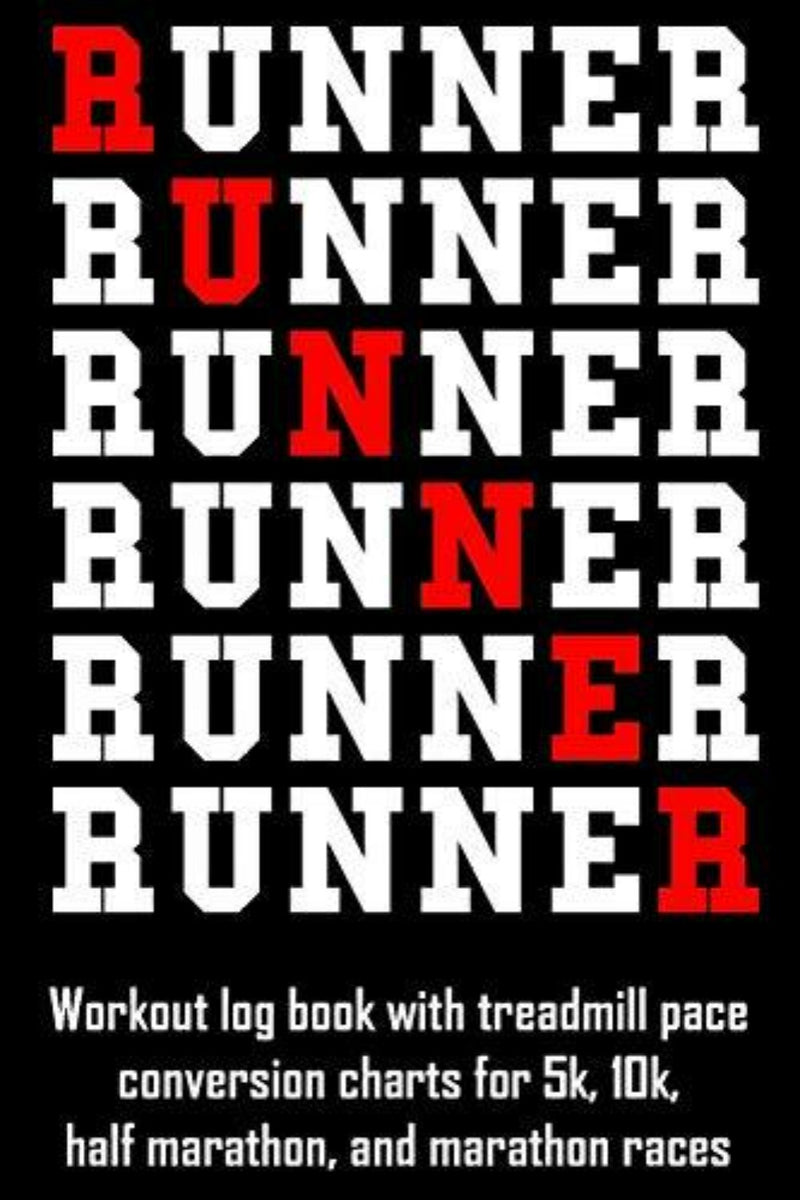 Laad afbeelding in Galerijviewer, Het trainingslogboek &#39;Runner&#39; heeft een omslag met het woord &#39;Runner&#39; verticaal herhaald in rood en wit, en bevat conversietabellen voor loopbandtempo&#39;s van 5 km, 10 km, halve marathon en marathonafstanden, zodat u uw wedstrijdresultaten efficiënt kunt vastleggen.
