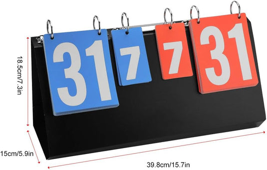 Het Draagbaar scorebord is zwart met blauwe en rode cijferkaarten, is gebruiksvriendelijk ontworpen en is 39,8 cm breed, 18,5 cm hoog en 15 cm diep voor eenvoudig transport.