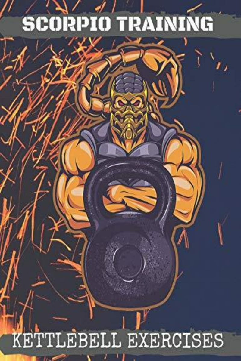 Laad afbeelding in Galerijviewer, Een gespierd personage met een schorpioen als thema houdt een kettlebell vast met de tekst &quot;Scorpio Training Kettlebell Workout&quot; tegen een vurige achtergrond, ideaal voor spieropbouwliefhebbers.
